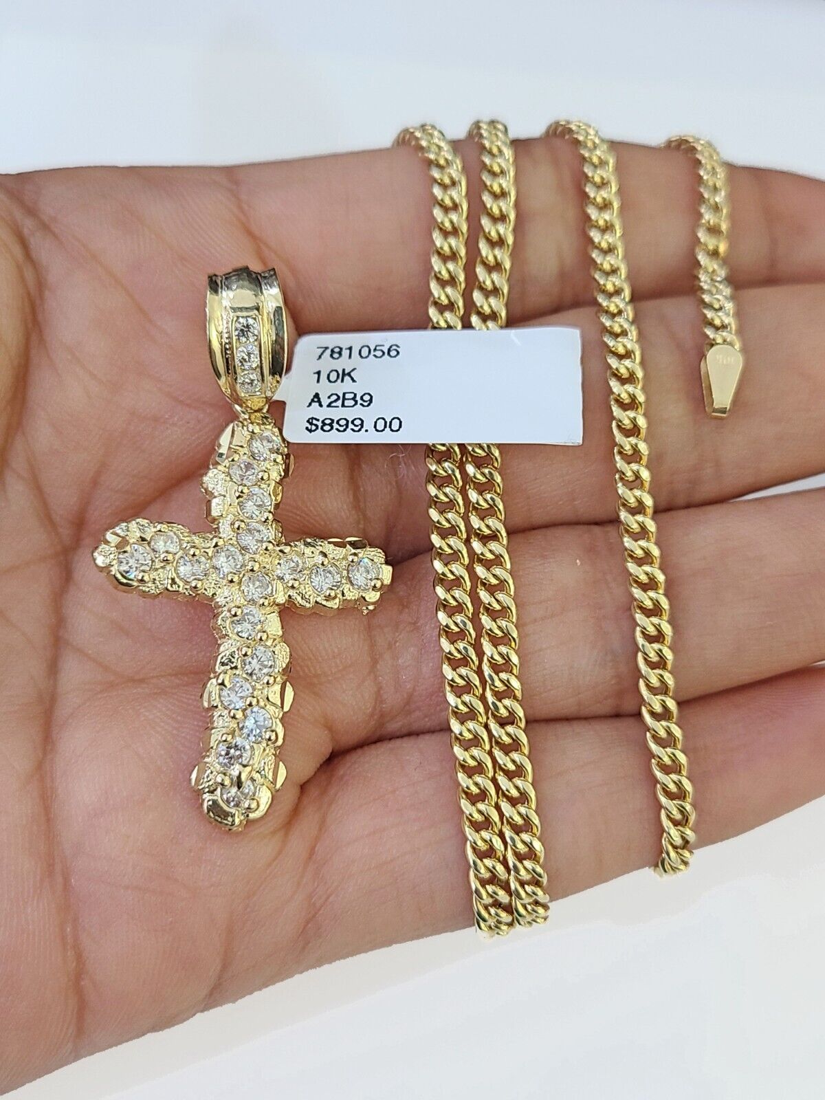 10k Gold Miami Cuban Chain & Cross Charm \ Pendent SET 3mm 20 Inches Necklace