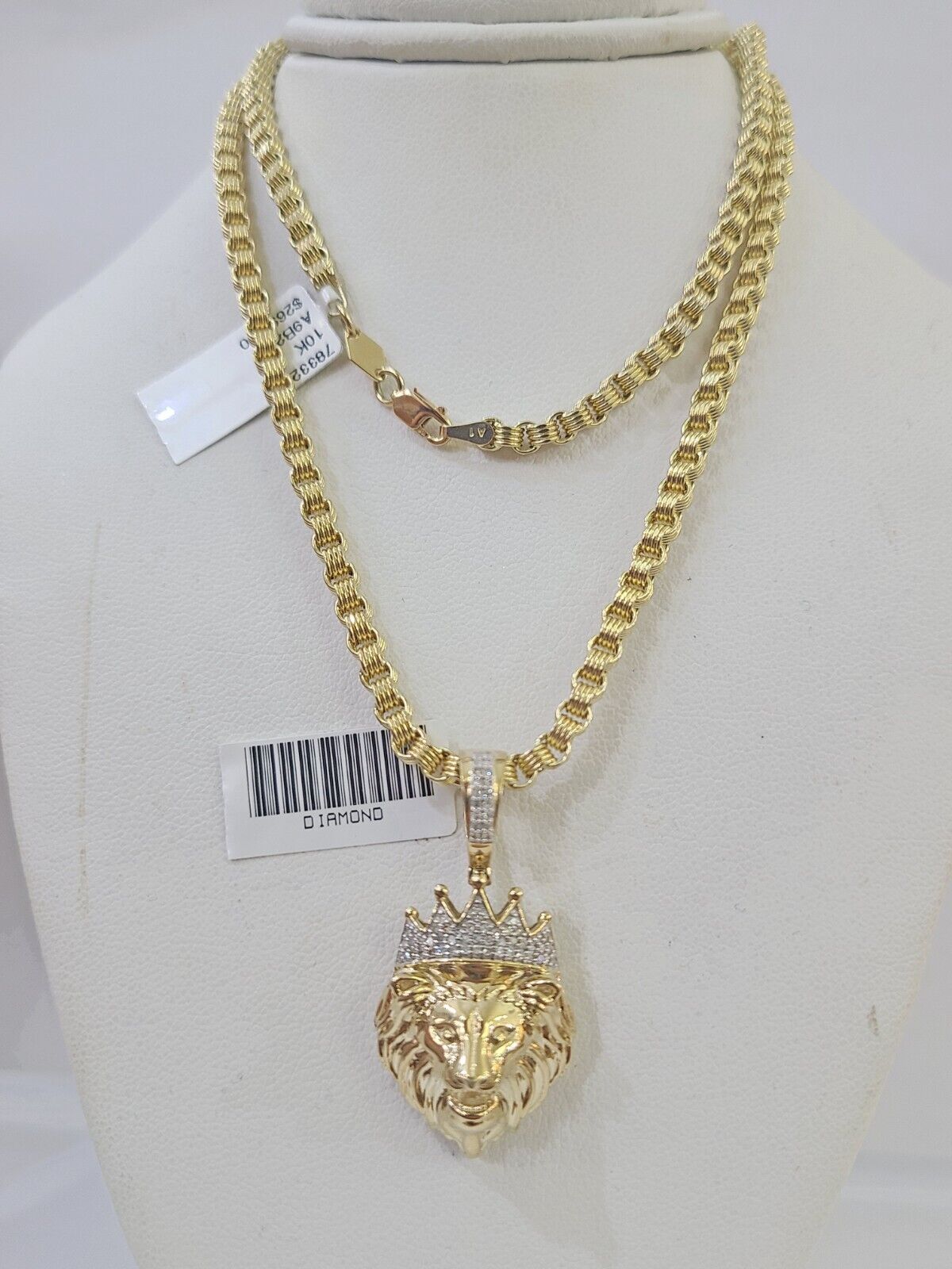 Real 10k Diamond Lion Charm Byzantine Chain Necklace 3mm 22" SET 10kt Genuine