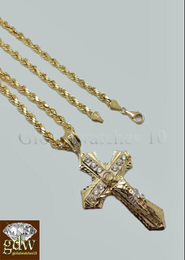 Real 10k Gold Men's Jesus Crucifix Cross Pendent Charm with 28 Inch Rope Chain.