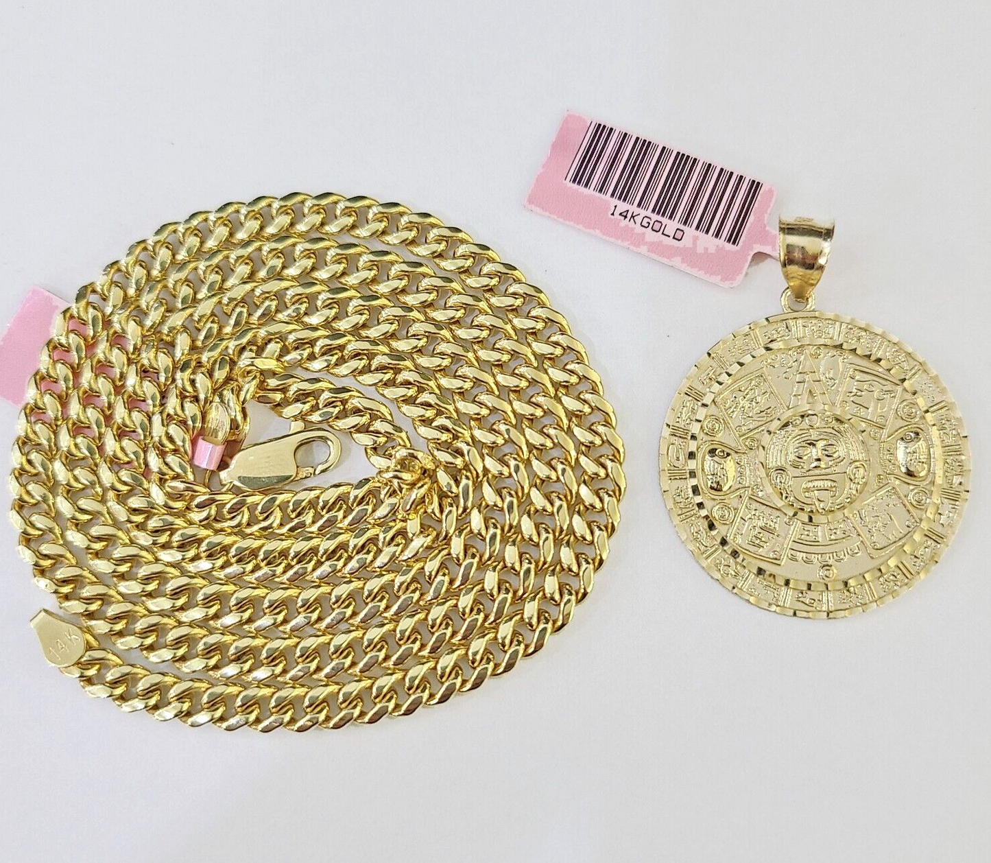 Real 14k Gold Mayan Calendar Charm & Miami Cuban Link Chain SET 5mm 20" Necklace