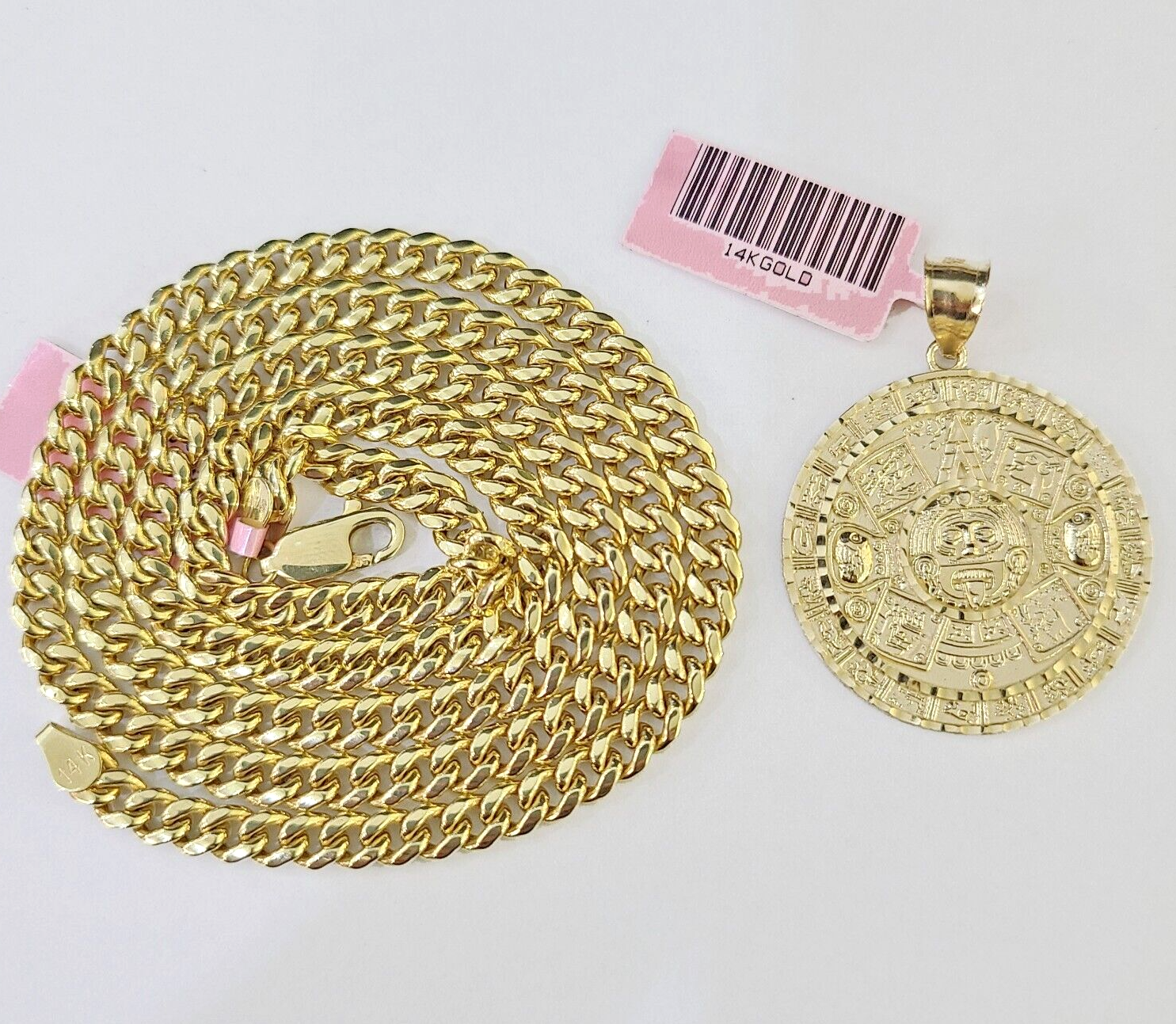 Real 14k Gold Mayan Calendar Charm & Miami Cuban Link Chain SET 5mm 20" Necklace