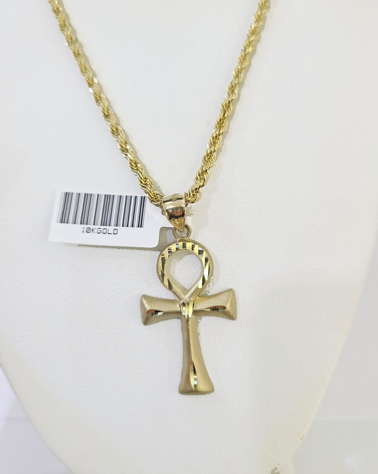 10k Gold Rope Chain & Ankh Cross Charm Pendent SET 3mm 24Inches Necklace