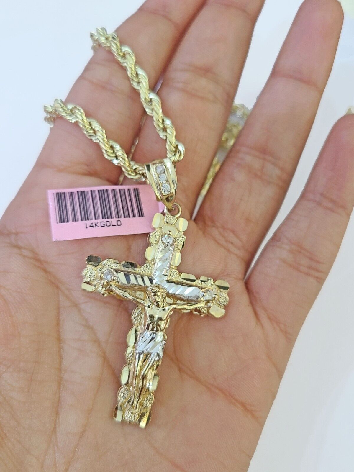 14k Yellow Gold Rope Chain & Jesus Nugget Cross Charm SET 5mm 22 Inches Necklace