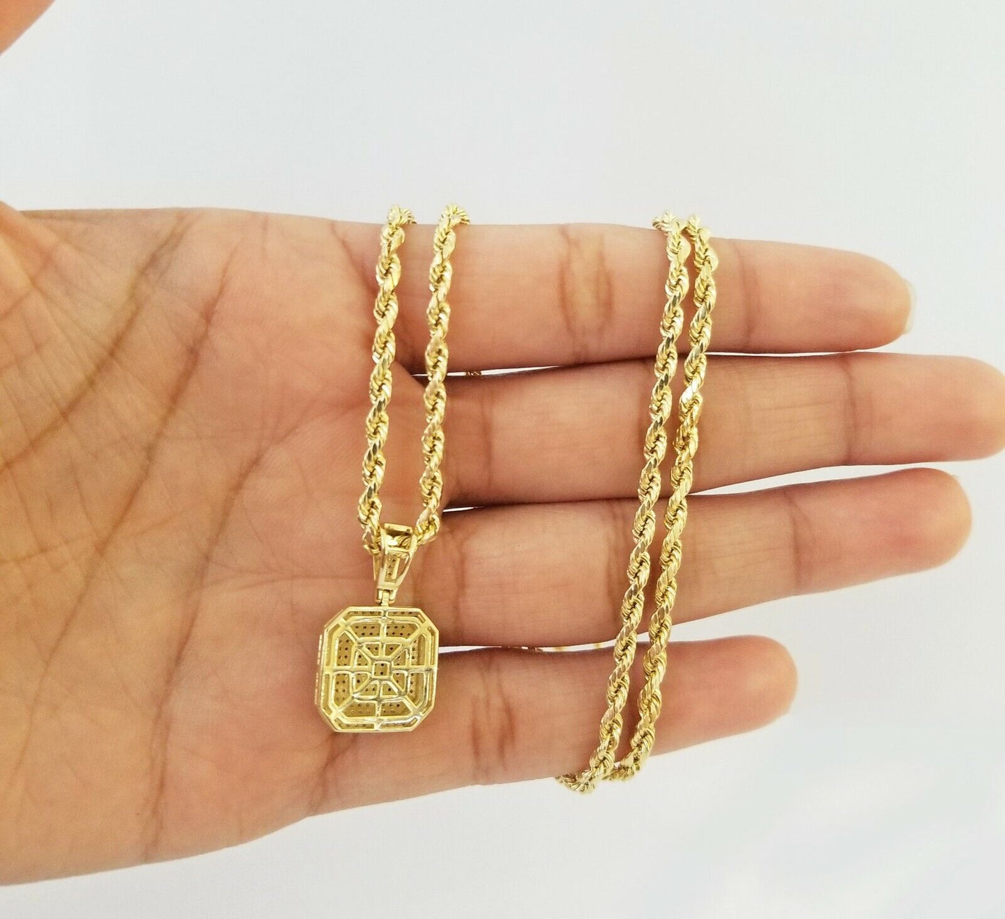 10K Yellow Gold Real Diamond Pillow Charm With 24" 3mm gold rope chain