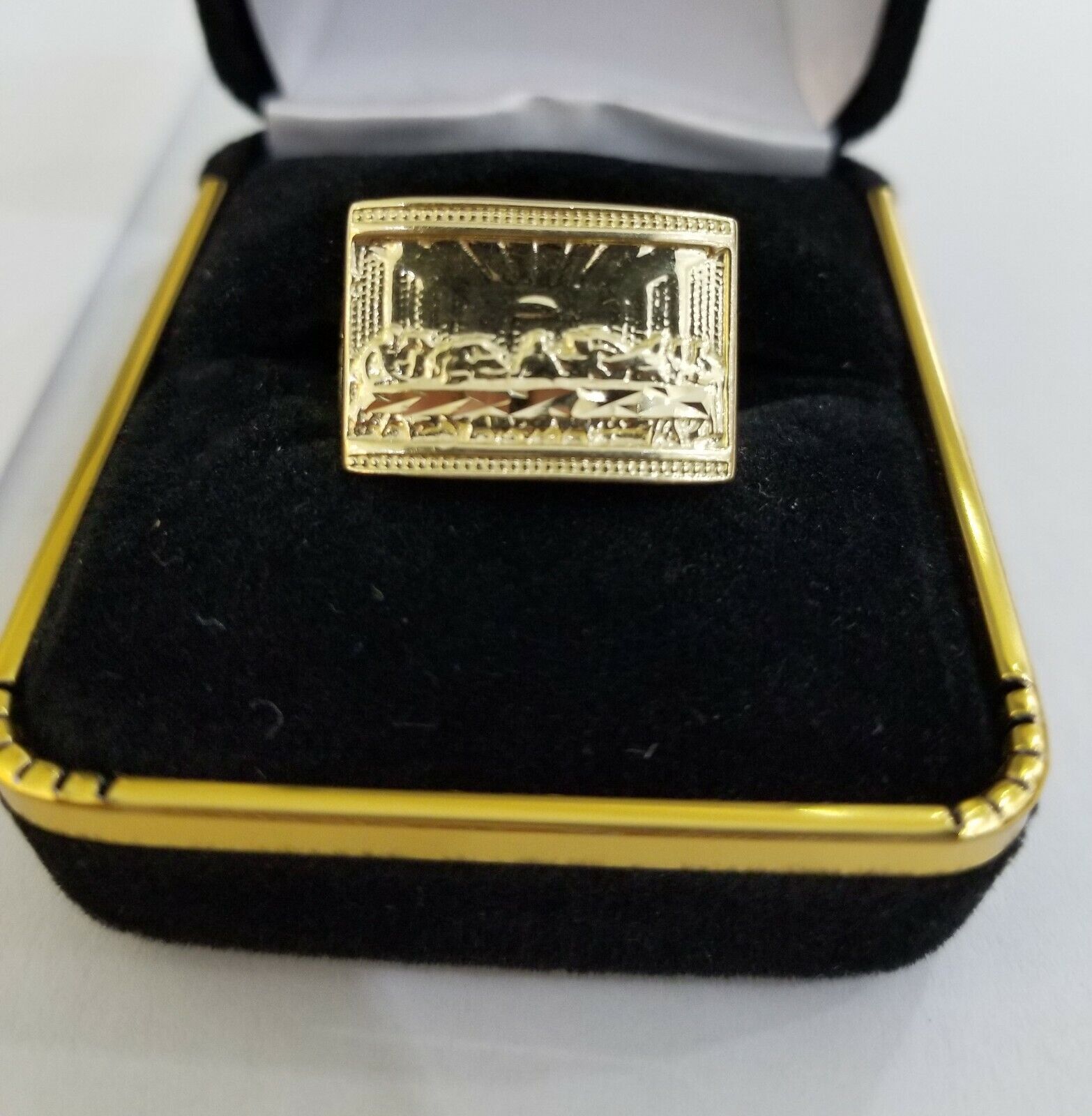 10k Real Yellow Gold Last Supper Ring Men Ring Size 10 Sizable Cross design