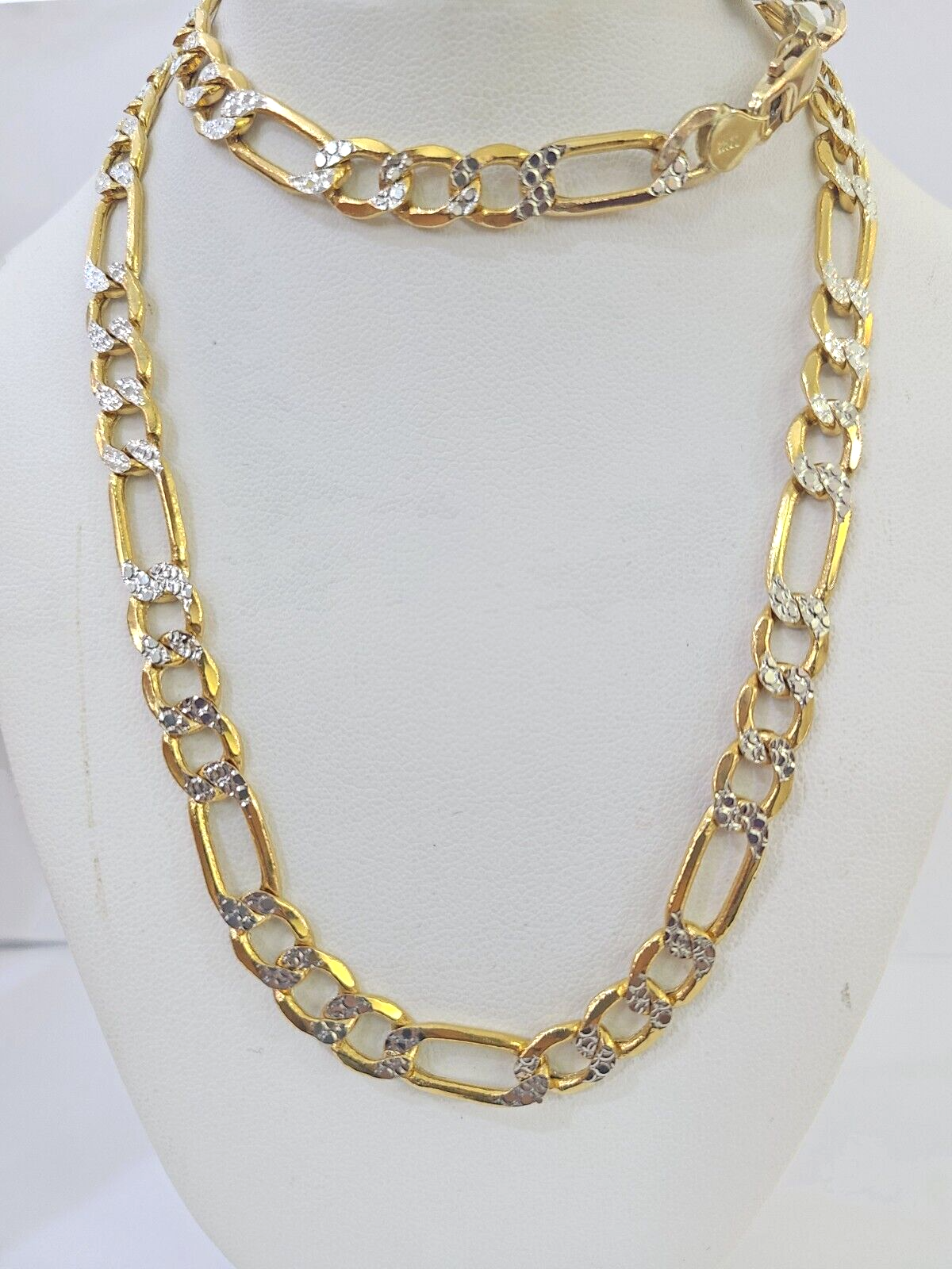 Real 10k Yellow Gold Figaro Link Chain 7mm 24 Inch Diamond Cut Necklace