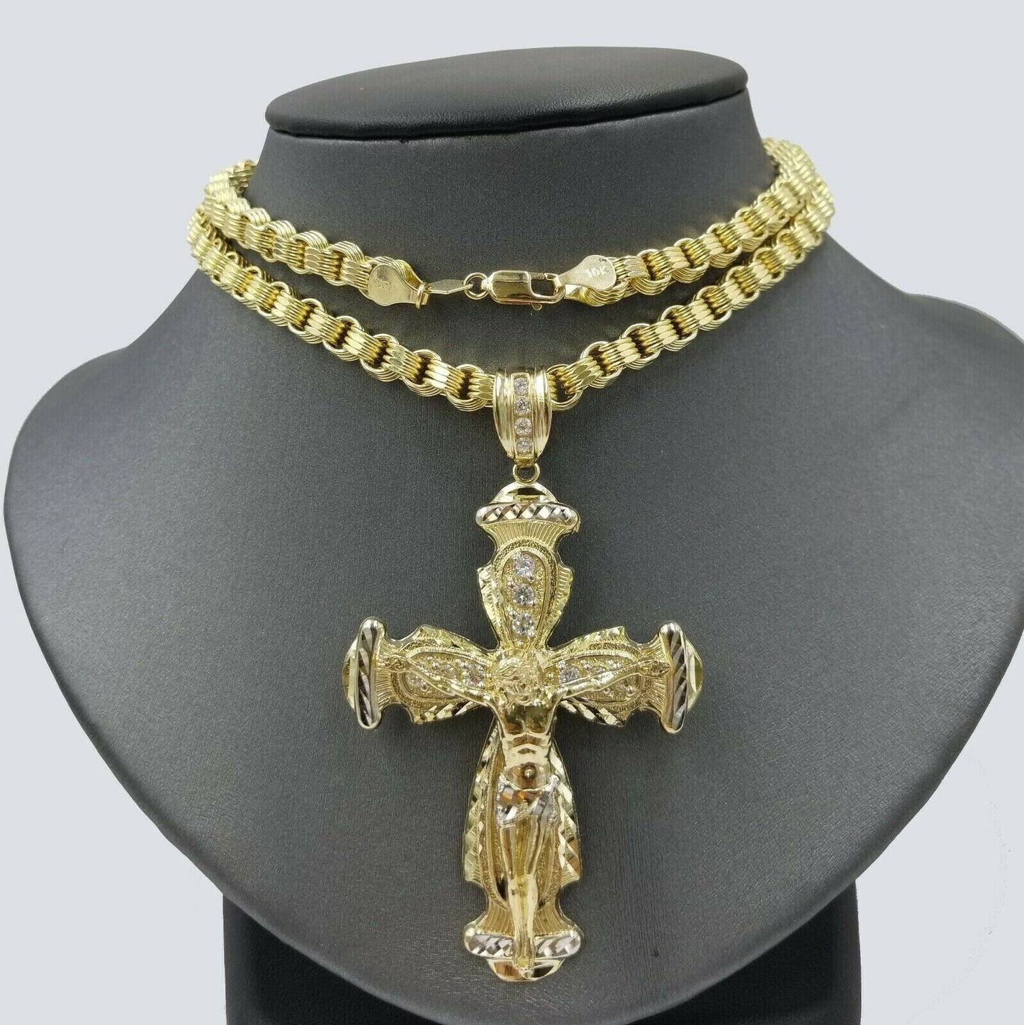 10k Gold Jesus Cross Charm Byzantine Chain 24" Necklace Real 10k Yellow Gold SET