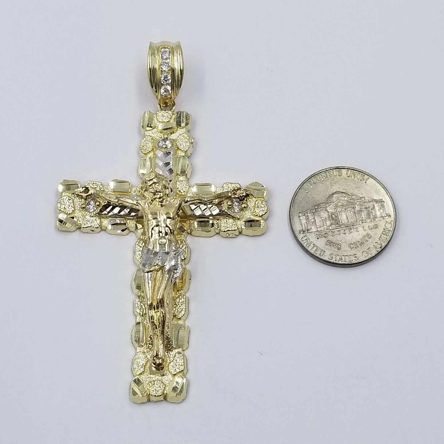 10k Gold Byzantine 24" Necklace Jesus Nugget Cross Pendant 3" Charm 5mm Chain