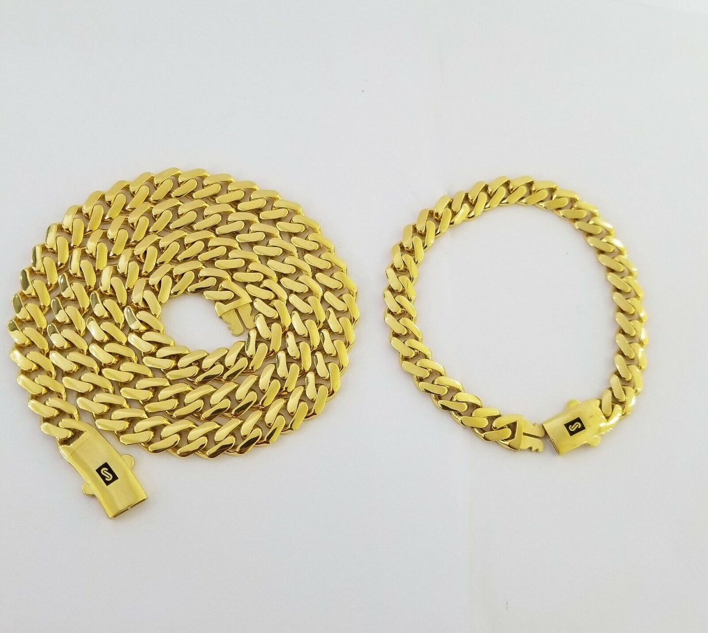 Real 10k Gold Miami Cuban Link Royal 9mm Monaco chain and Bracelet Set ,Necklace