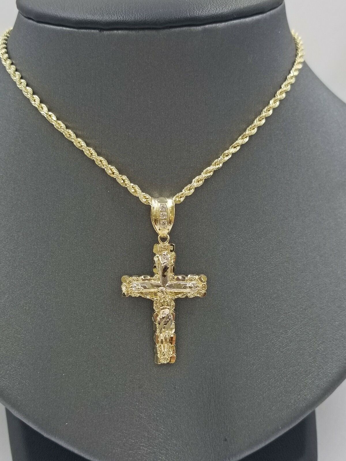 10k Yellow Gold Men Crucifix Cross Charm Pendant Diamond Cut Jesus REAL
