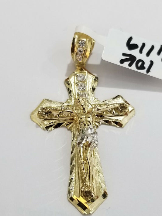 10k Yellow Gold Jesus Cross Charm pendant Diamond Cut Crucifix 2" REAL 10k