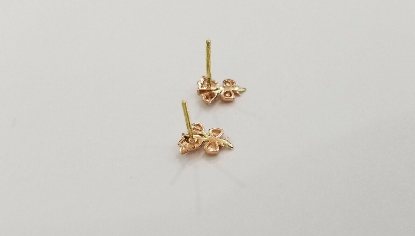 Real 10k rose gold flower Earring with 0.04CT diamond screw-bag Women studs