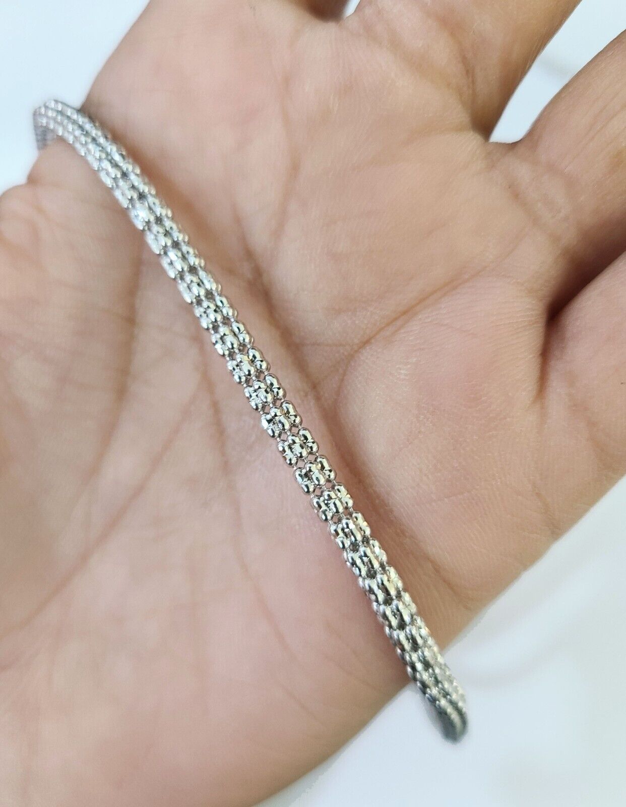 Real 10k Iced Bead Chain White Gold 4mm 24" Necklace Men Women Real Genuine