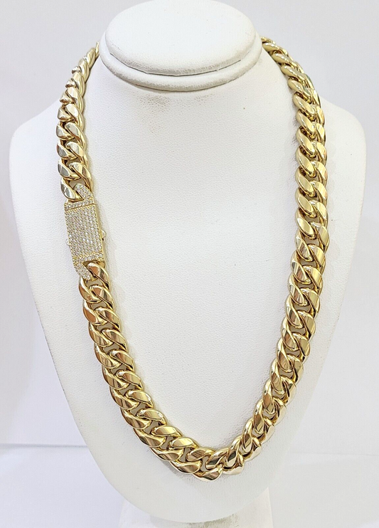 Real 14k Yellow Gold Miami Cuban Link Chain 22 inch 13mm Necklace with cz lock