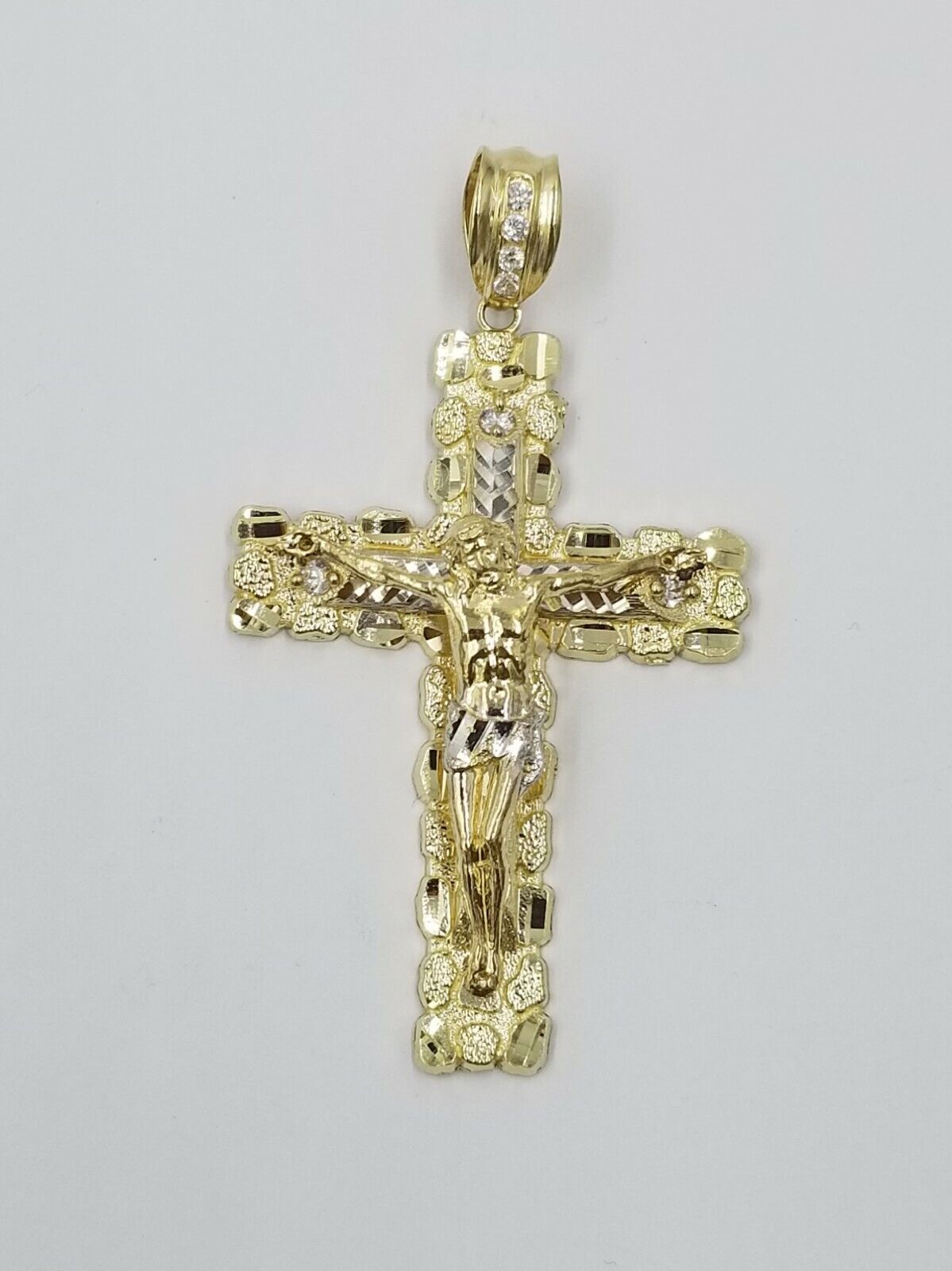 10k Gold Byzantine 24" Necklace Jesus Nugget Cross Pendant 3" Charm 5mm Chain