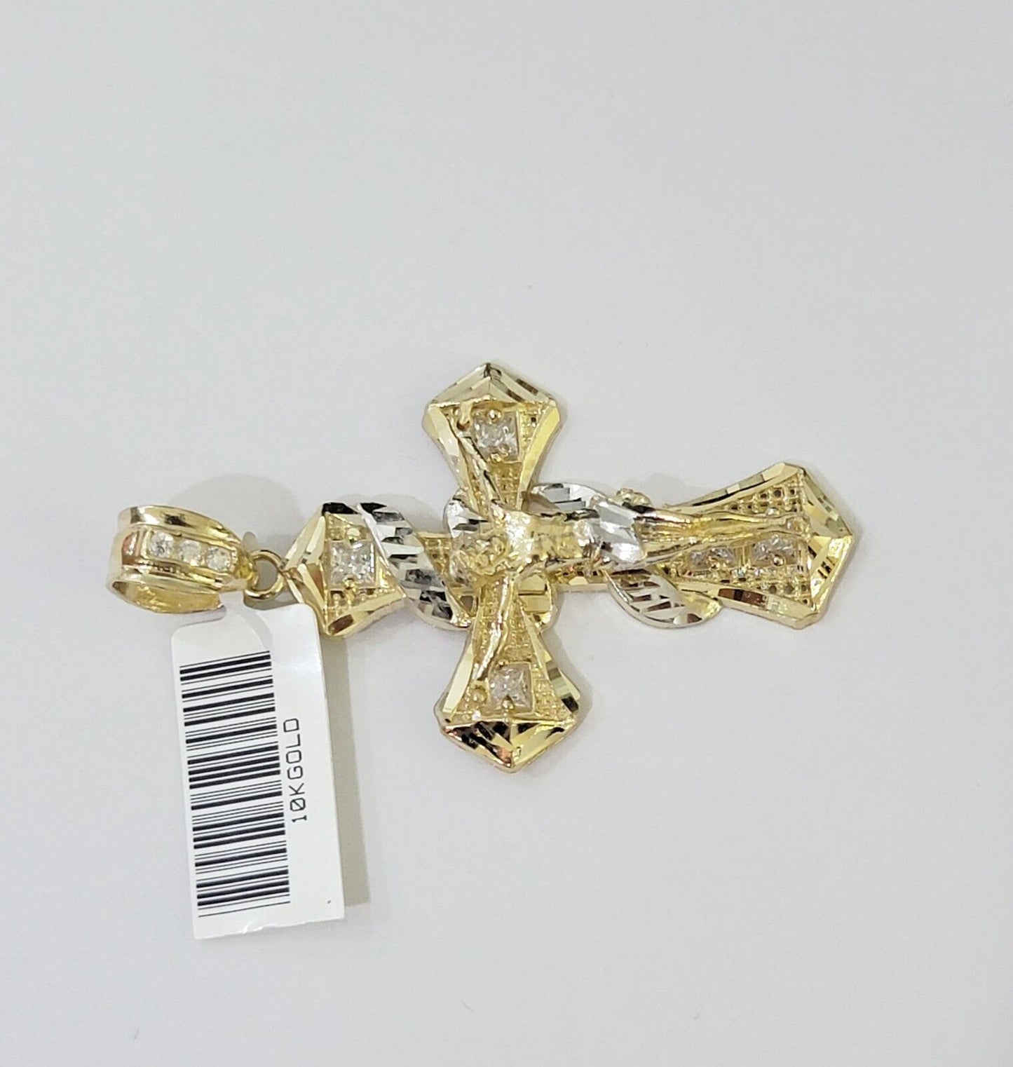 10k Yellow Gold Jesus Cross Spiral Charm pendant Diamond Cut Crucifix 2"