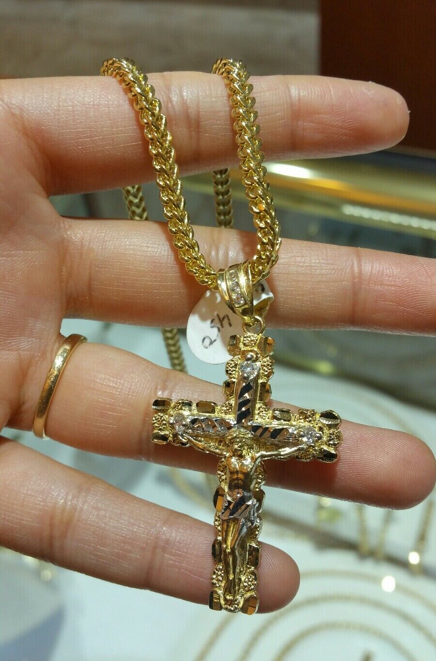 Real 10k Yellow Gold Mens Jesus Cross Charm/Pendant  with 22" franco chain