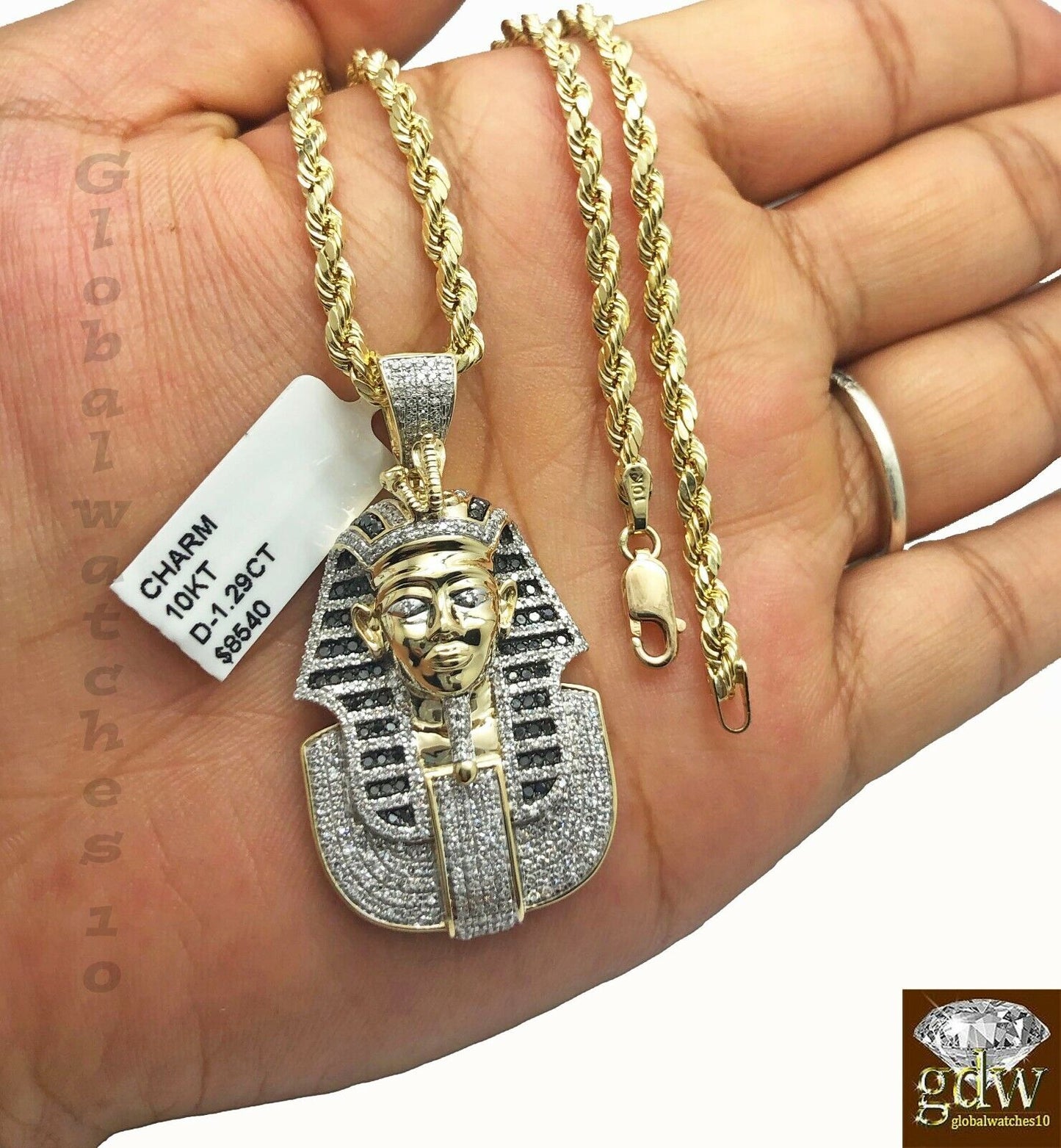 10k Yellow Gold Rope Chain Pharaoh Head Charm