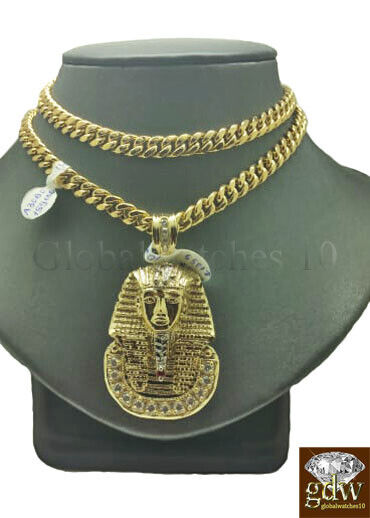 Real 10k Gold Men Egyptian Pharaoh Charm 28 Inch Miami Cuban Chain