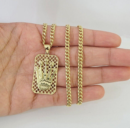 10K Yellow Gold Crown Pendent 4mm  18" 20" 22"24"26" Inch Miami Cuban Chain