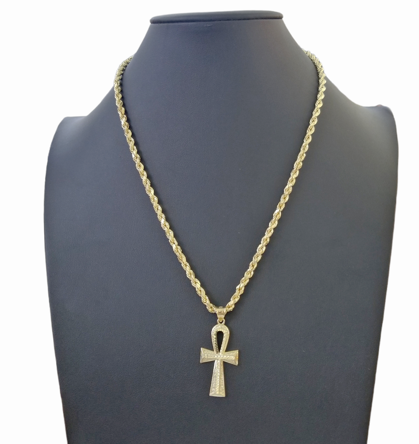 10K Gold Ankh Cross Egyptian Symbol Pendant Charm 4mm Rope Chain 20" Inch