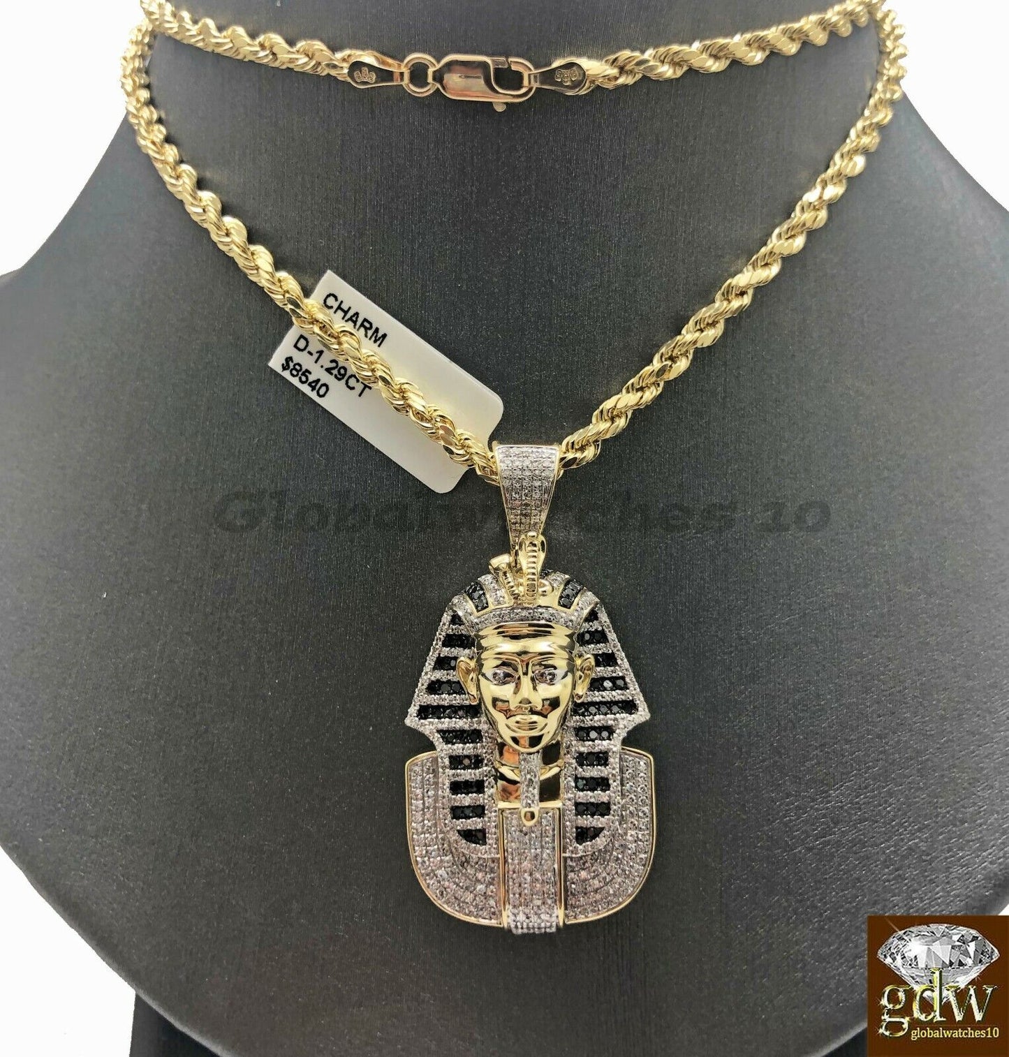 10k Yellow Gold Rope Chain Pharaoh Head Charm