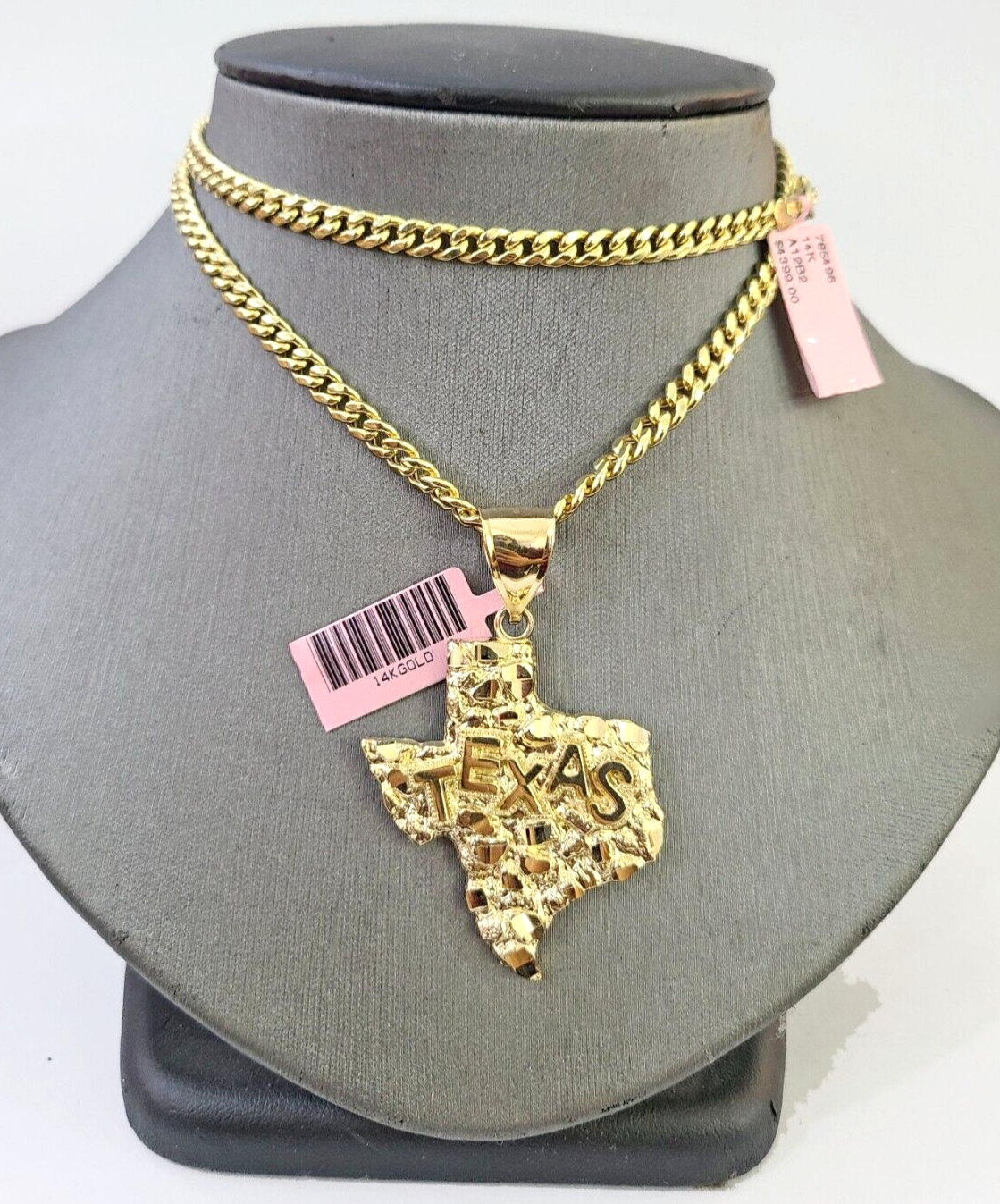 14k Gold Cuban Link Chain 26" Necklace Texas Map Charm Pendant Real 14KT SET