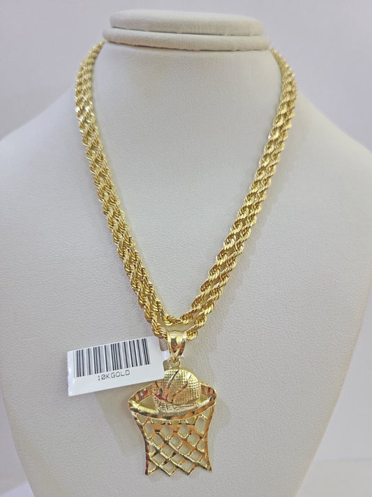 10k Real Gold Basketball Goal Pendant with 3mm 22'' Rope Chain Necklace Set