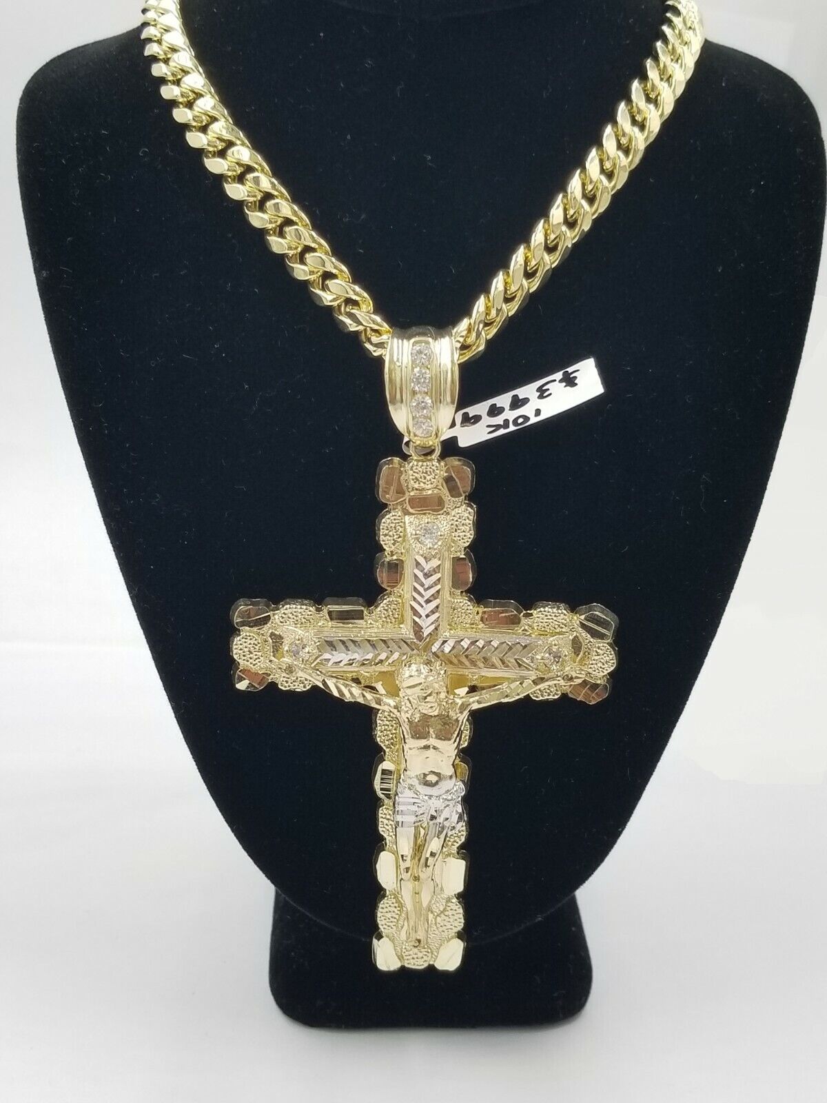 Real 10k Yellow Gold Men Jesus Cross Charm with Miami Cuban Chain Diamond Cut