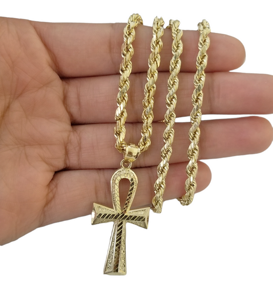 10K Gold Ankh Cross Egyptian Symbol Pendant Charm 4mm Rope Chain 20" Inch