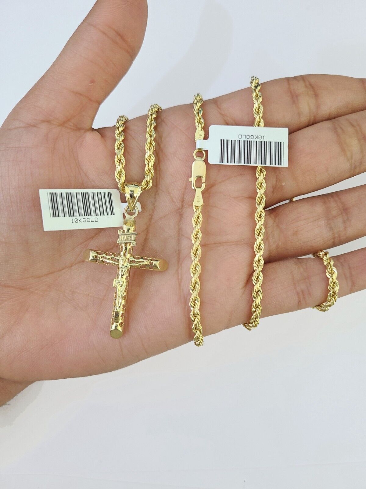 10k Gold INRI Jesus Pendant Rope Chain 3mm 24'' Necklace Set Real Genuine