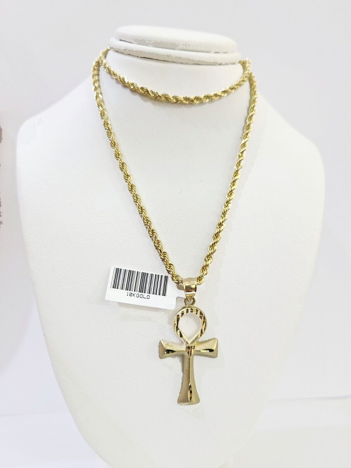 10k Gold Rope Chain & Ankh Cross Charm Pendent SET 3mm 20Inches Necklace