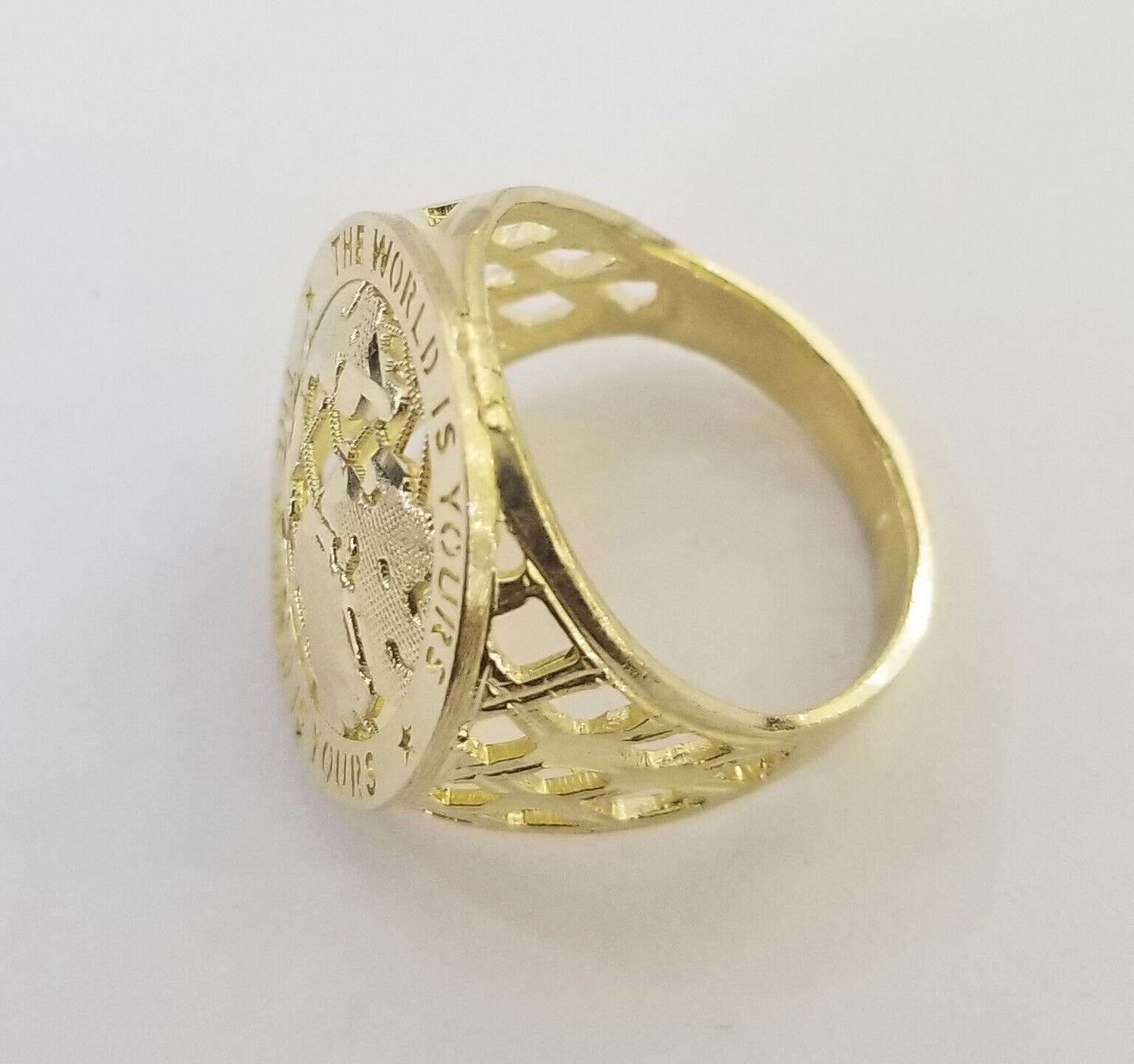 10k Real Yellow Gold The World is Yours Map Ring Men Sizable Band