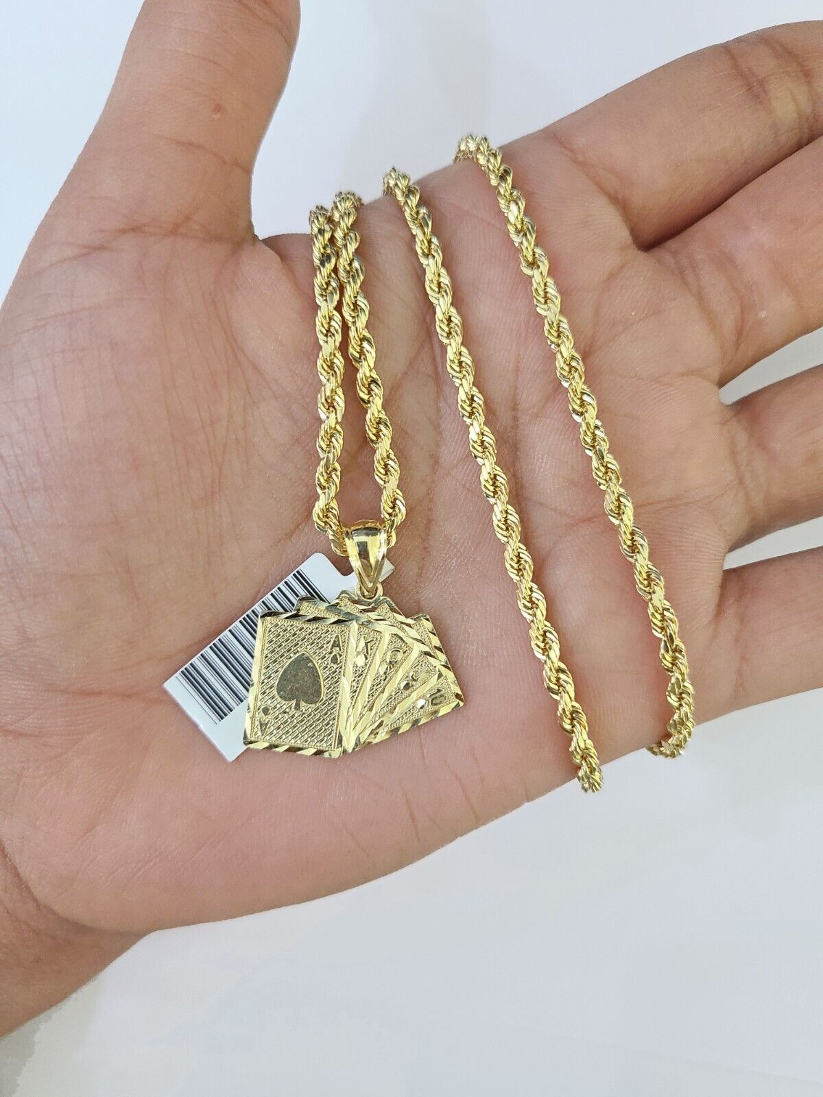 10k Gold Royal Flush Pendant Rope Chain 3mm 18'' Necklace Set Real Yel ...