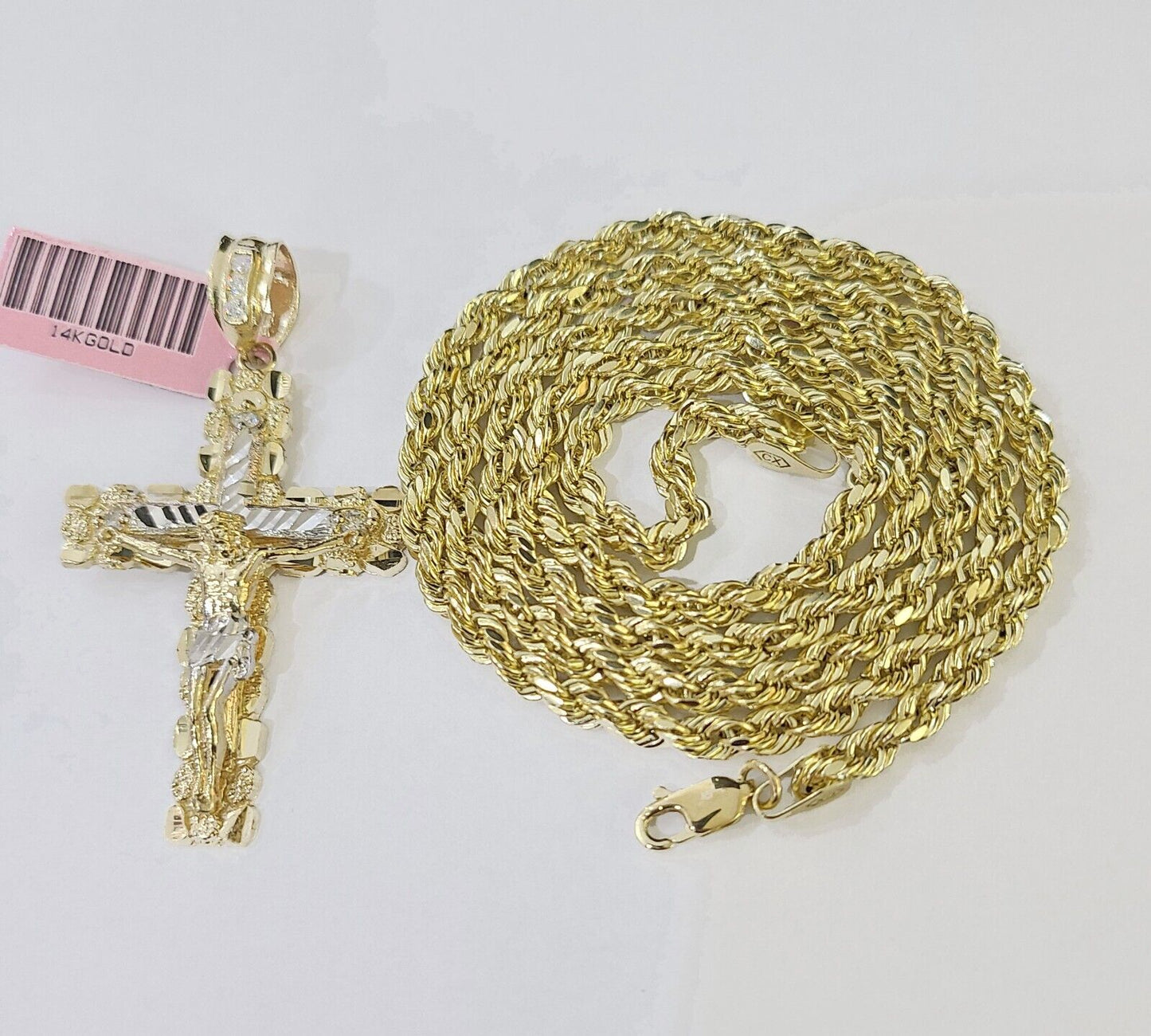 14k Yellow Gold Rope Chain & Jesus Nugget Cross Charm SET 3mm 20 Inches Necklace