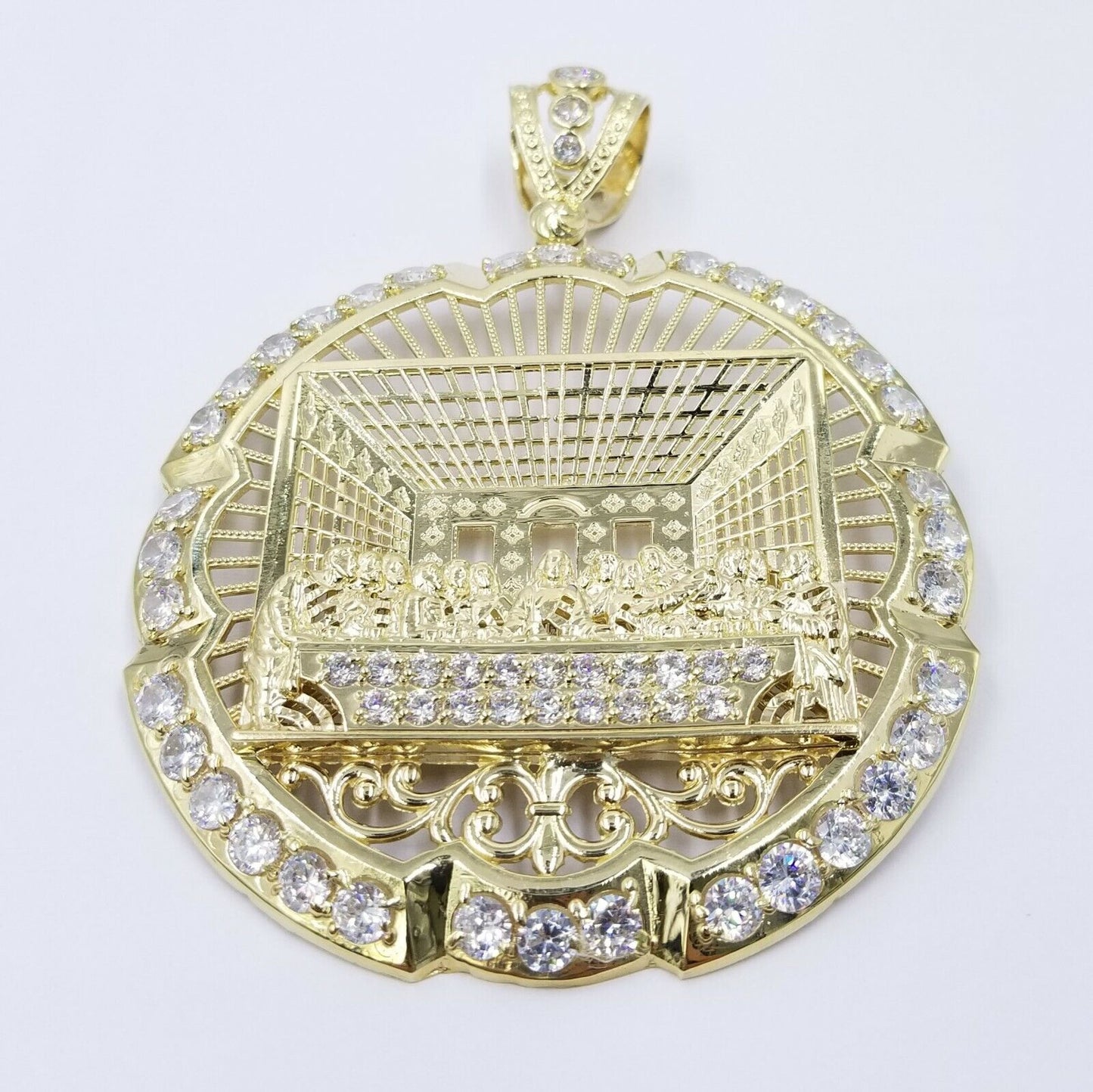 10k Yellow Gold Apostles Last Supper Round Pendant Diamond Cut Men 3.75" 75mm