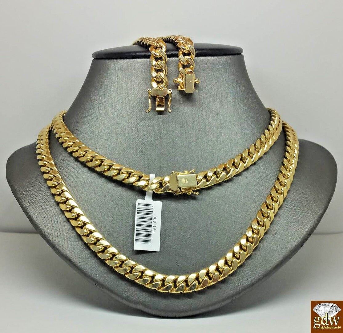 Real 10k Gold Chain Miami Cuban Necklace 7mm 20" Box Lock 10kt Yellow Gold Men's