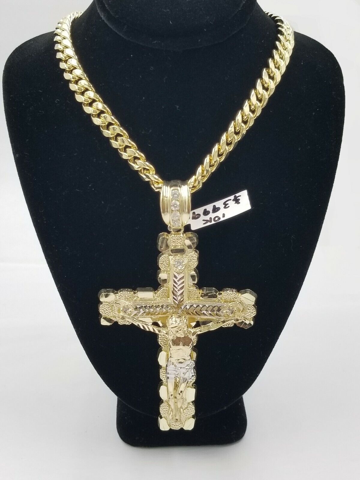 Real 10k Yellow Gold Men Jesus Cross Charm with Miami Cuban Chain Diamond Cut