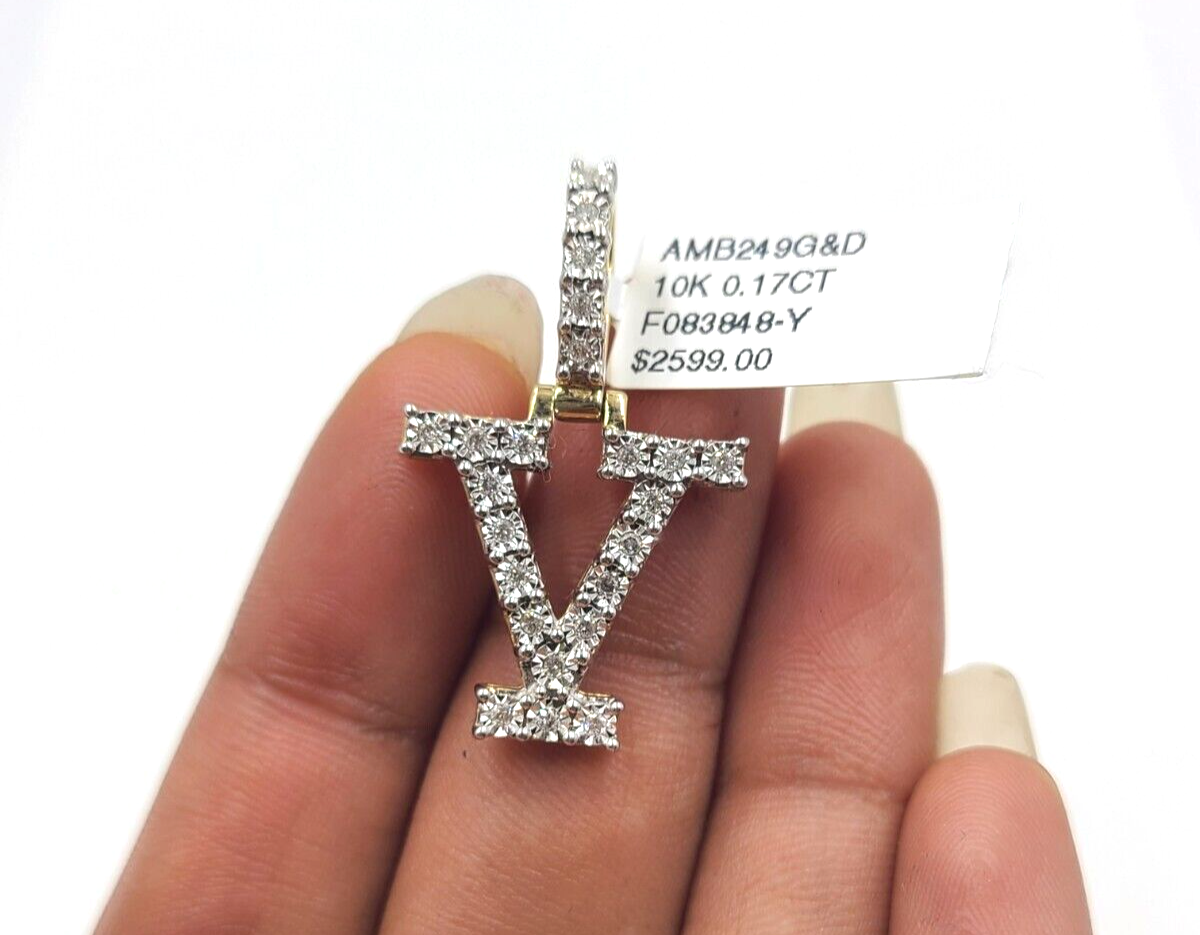 Real 10k Gold & Diamond Letter "V" Initial Alphabet Charm/Pendant 1.25".