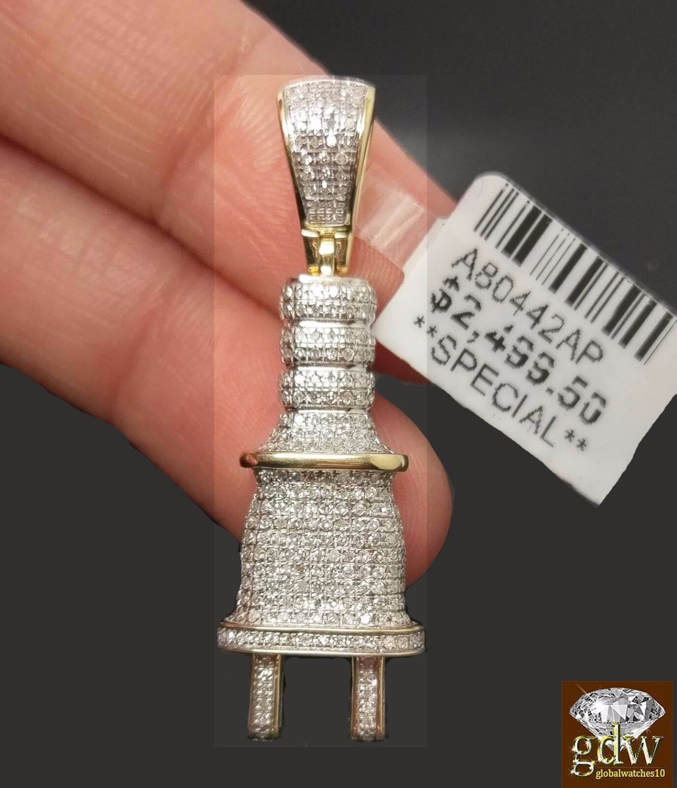 Real 10k Yellow Gold Genuine Diamond Plug Charm Pendent 22 Inch Rope Chain