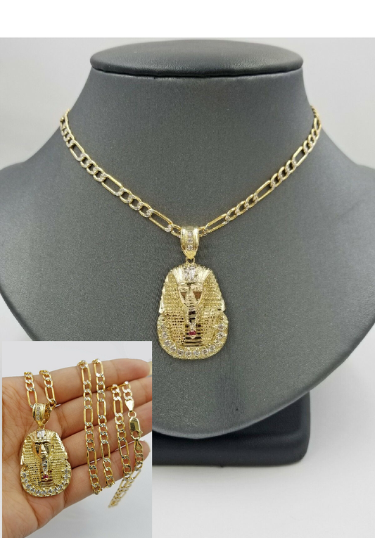 Real 10k Figaro Chain 24" Inch Diamond Cut 1.5 Inch Pharaoh Head Charm Pendant