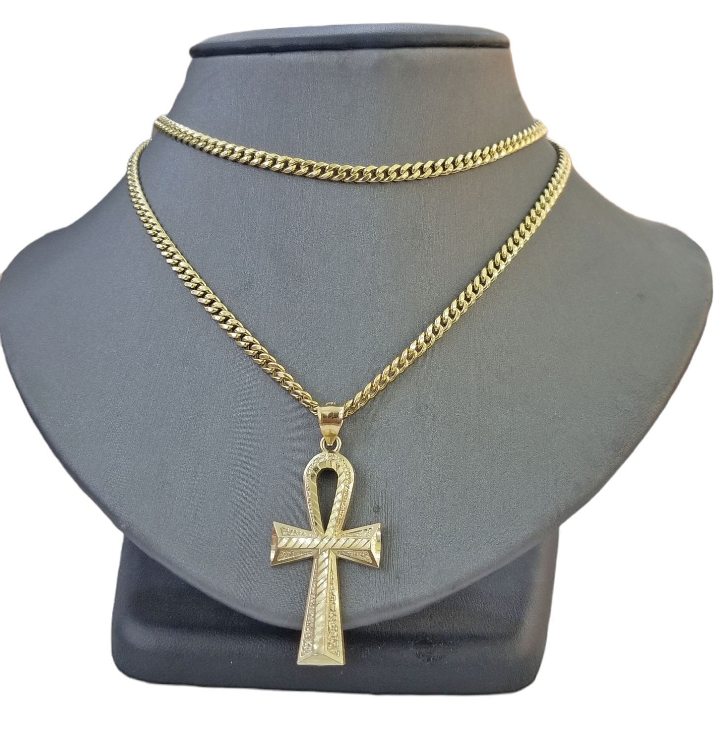 Real 10k Gold Ankh Cross Pendent 4mm Cuban Link Chain 18"20' 22" 24" 26" SET