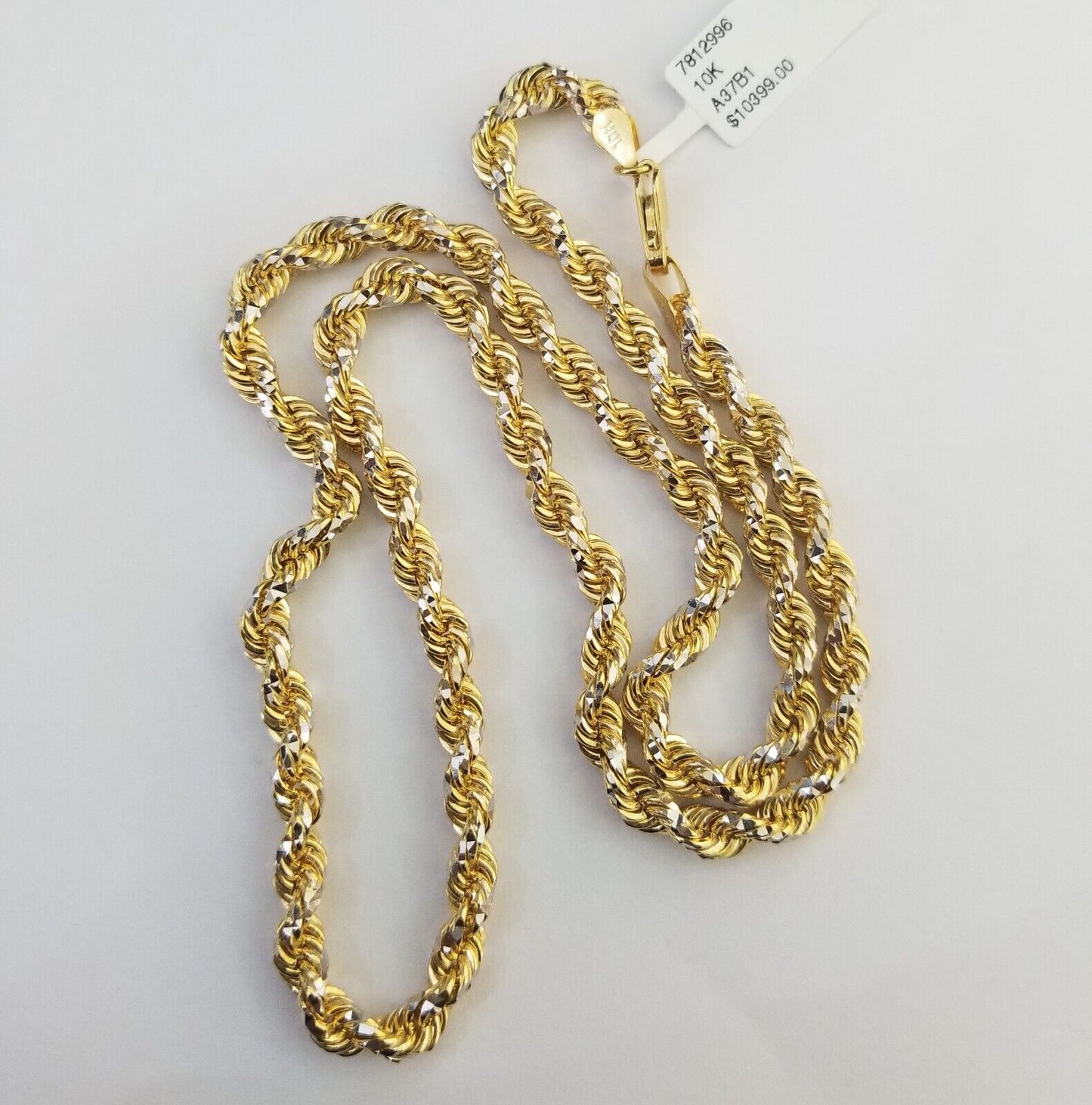 10k Solid Gold Rope Chain Necklace Real 10k Yellow Gold Diamond Cuts 5mm 20" Men