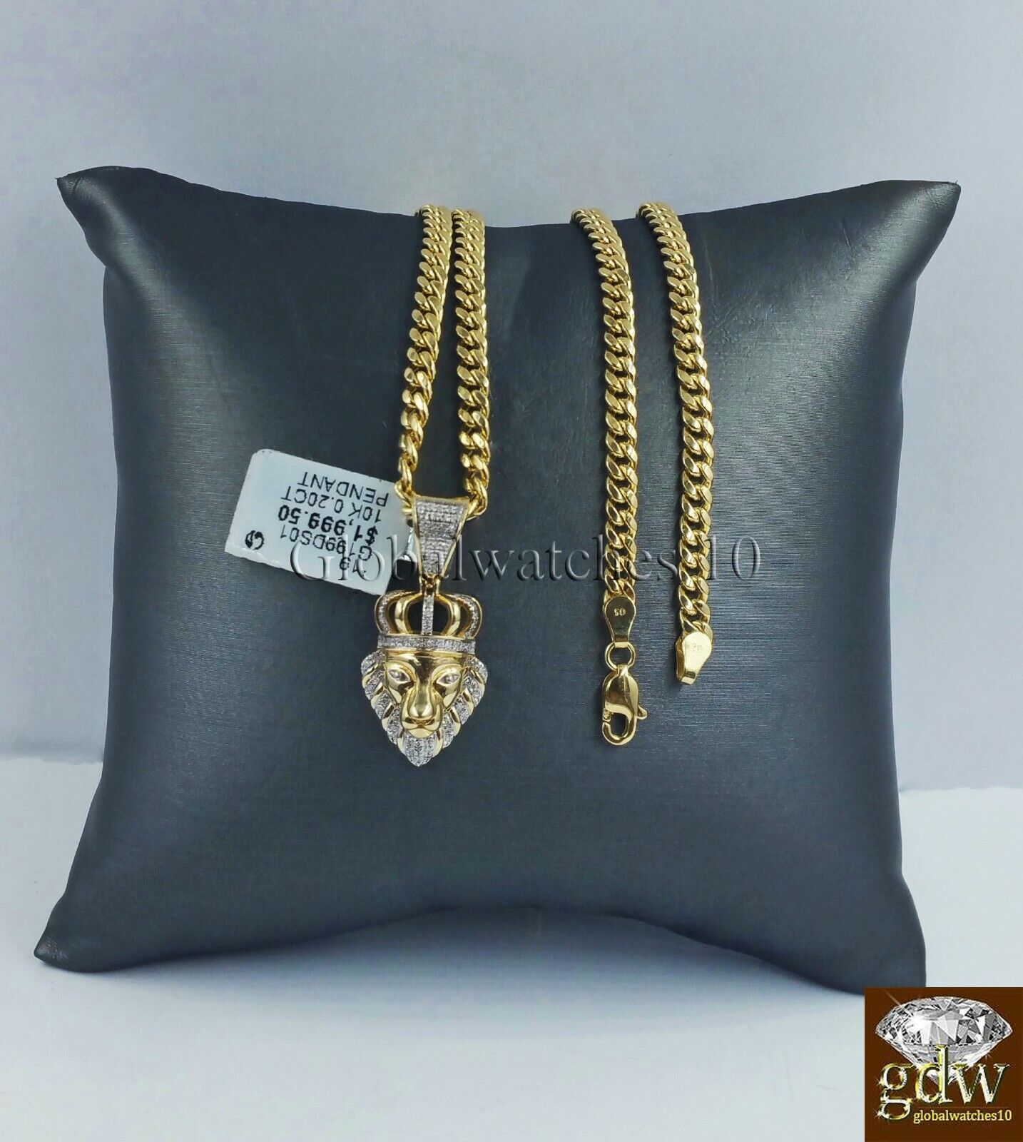 10k Gold & Diamond Lion's Head Charm with 26" Inch Miami Cuban Chain  Men Real