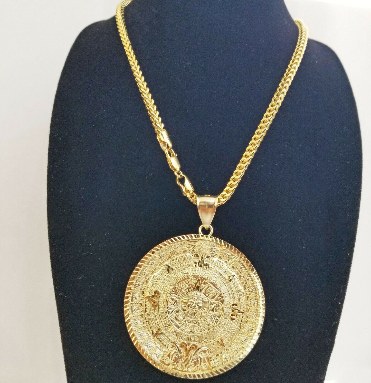 10k Real Gold Aztec Calendar Pendant Charm 3mm 20" 22" 24"  Franco Chain