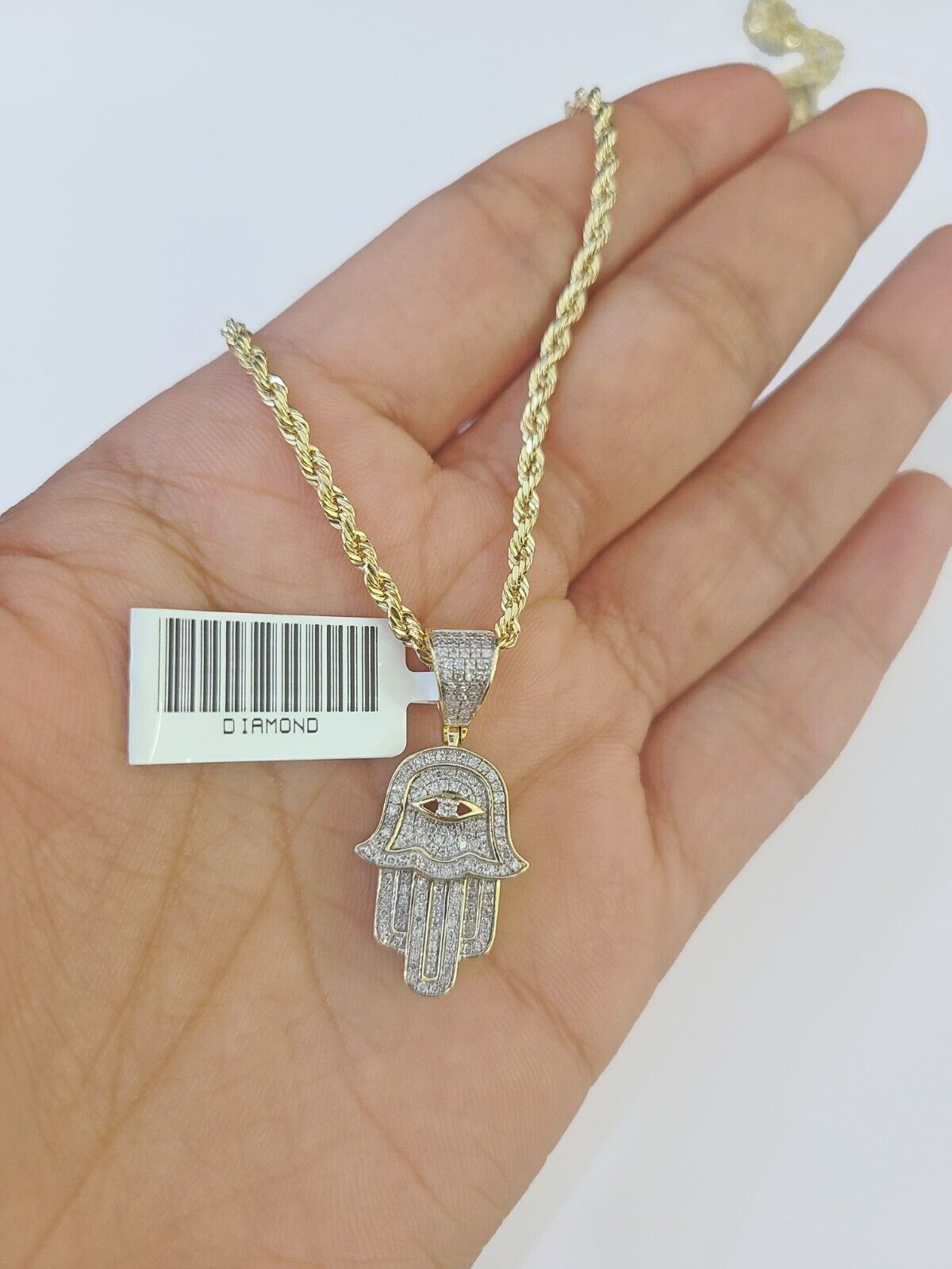 Hamsa Rope Chain 10k Yellow Gold & Diamond Hamsa Hand Charm and 20