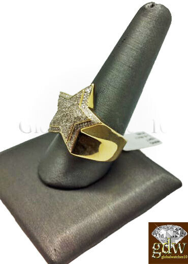Real New 10k Yellow Gold Men's Star Shaped Casual Pinky Ring with Real Diamonds