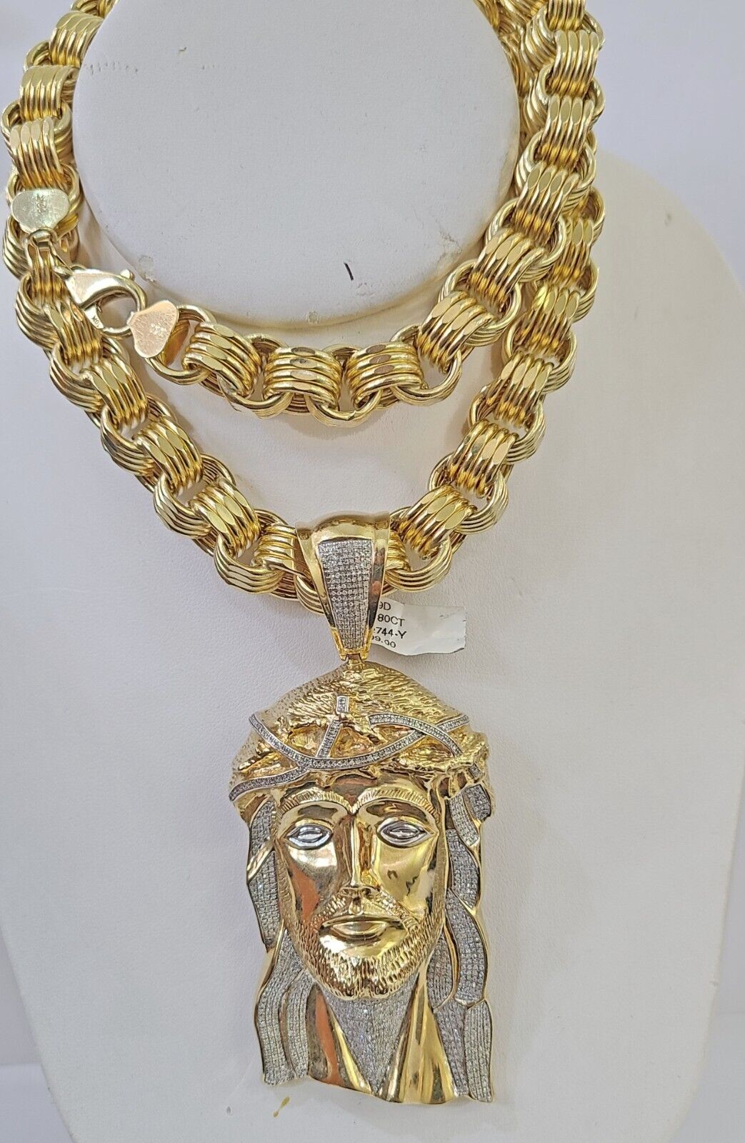 10k Gold Jesus Head Pendant Byzantine Chain 12mm 26'' Necklace Set Real Genuine