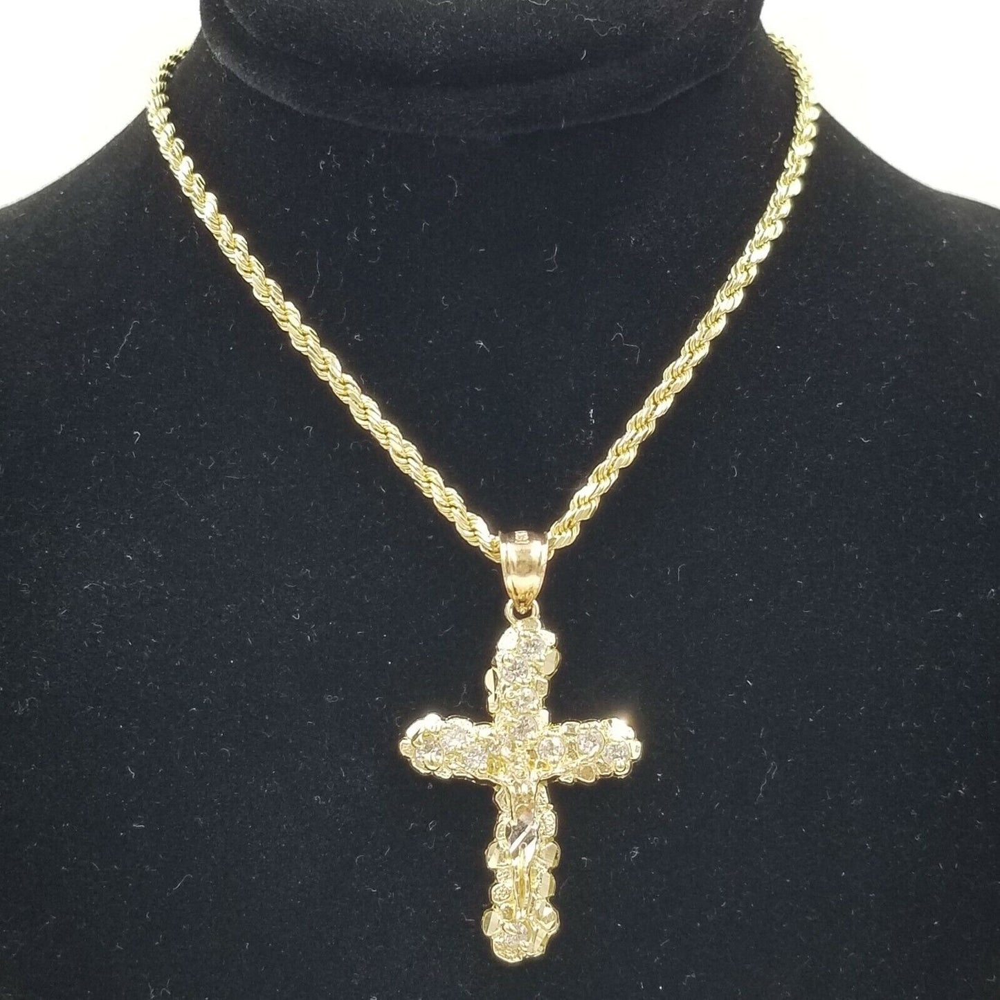 10k Yellow Gold Crucifix Cross Jesus Pendant Rope Chain 18" 20" 22" 24" 26"