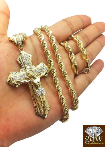 Real 10k Gold Men's Jesus Crucifix Cross Pendent Charm with 28 Inch Rope Chain.